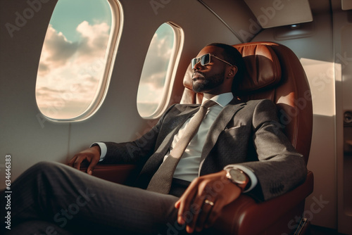 Afro American businessman sitting in the chair of private jet. Generative AI © xartproduction