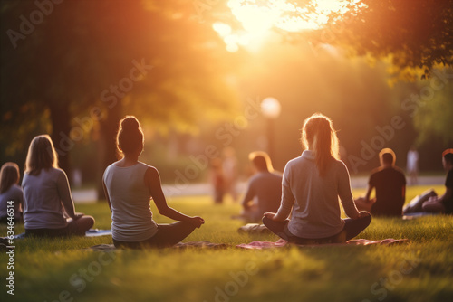group of people doing yoga_in a park. Generative AI