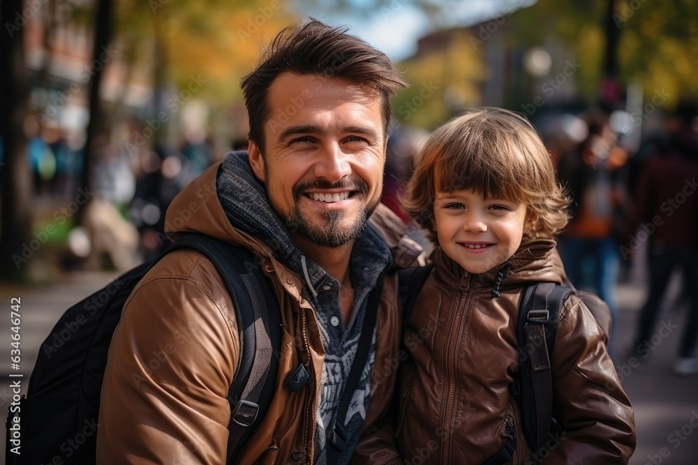 Father taking son to kindergarten and taking picture together. Outdoor portrait of dad and little boy with backpacks.