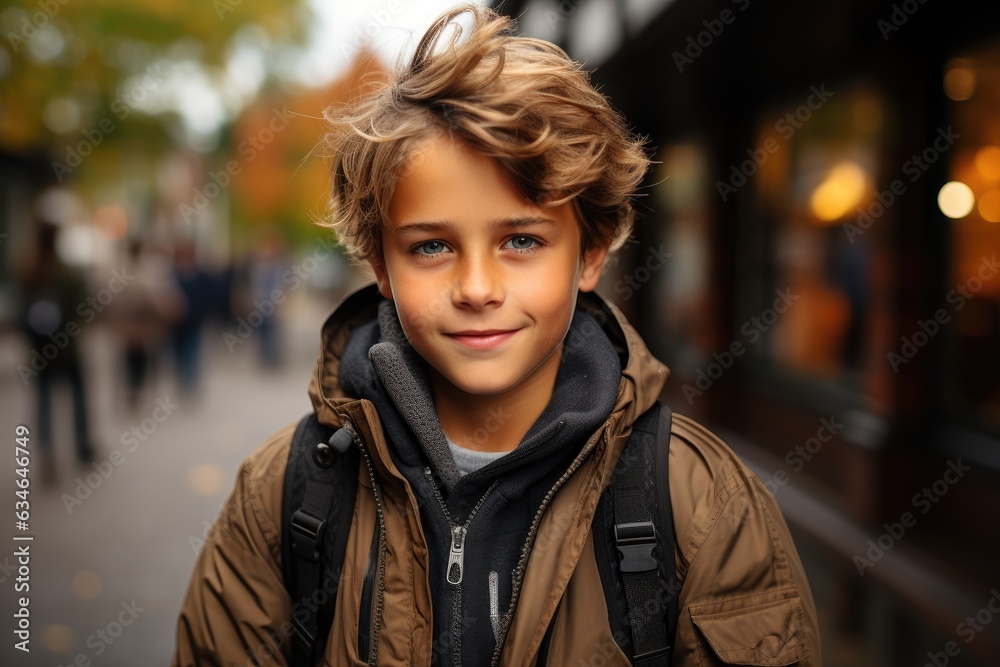Fototapeta premium Portrait of smiling confident teenager with school bag outdoors on blurred autumn background, closeup. Teen boy back to school.