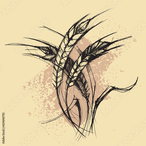 Ears of wheat on an abstract background. Line drawing of ears of corn. Harvest symbol. Agricultural business