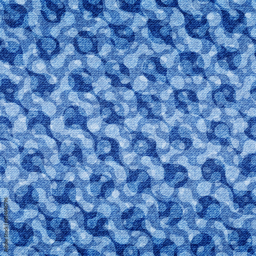 Abstract seamless pattern. Repeating fades blue denim background for prints. Repeated faded distress circle jean fabric. Chambray fadew dot textile. Fading repeat geometric design. Vector illustration