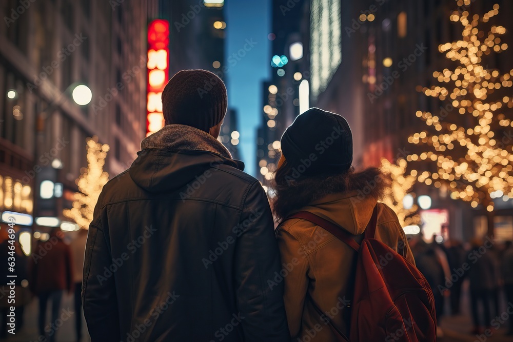 Obraz premium rearview multiethnic couple travelers exploring city at night