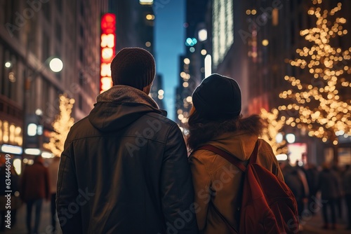 rearview multiethnic couple travelers exploring city at night