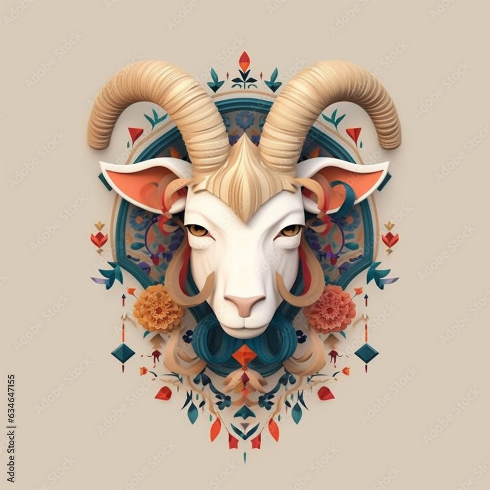 Goat face 3D render illustration with Islamic pattern - ai generative