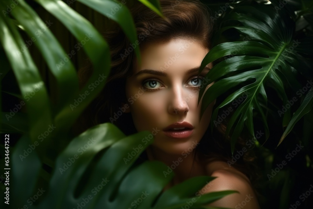 Woman tropical leaves. Generate Ai Woman tropical leaves. Generate Ai