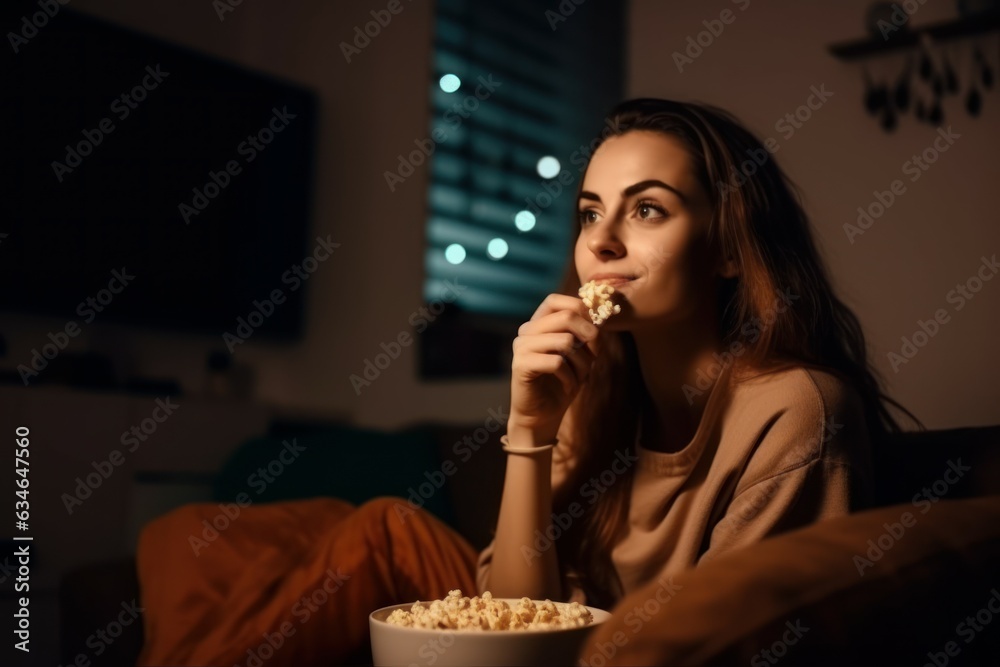 Woman eating popcorn cinema. Generate Ai