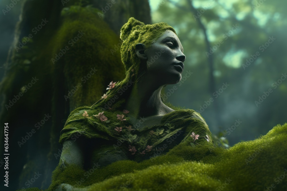 Jungle female statue moss. Generate Ai