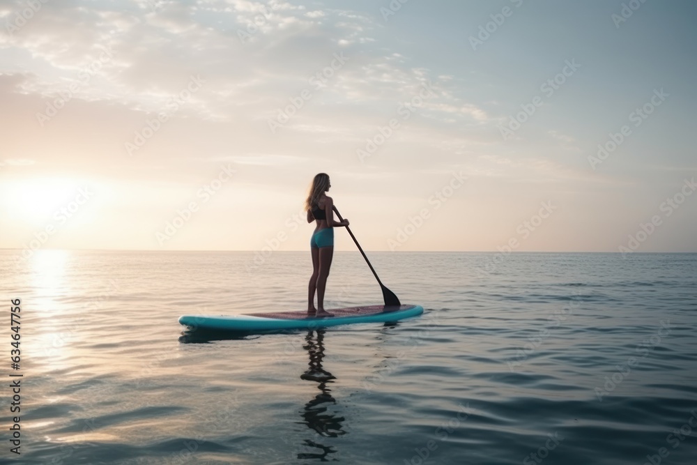 Woman sup board sunrise. Generate Ai