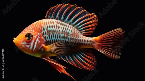 A colourful exotic fish deep underwater on a dark background