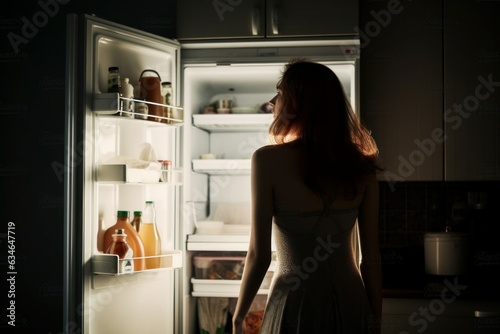 Woman night open fridge food. Generate Ai
