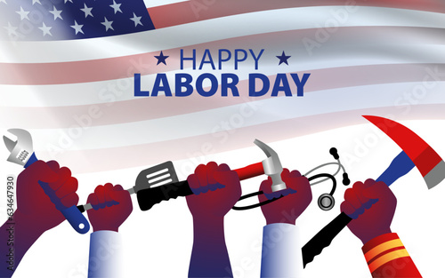 Hands holding equipment and tools represent various occupations, for America Labor Day poster or greeting card template, vector illustration