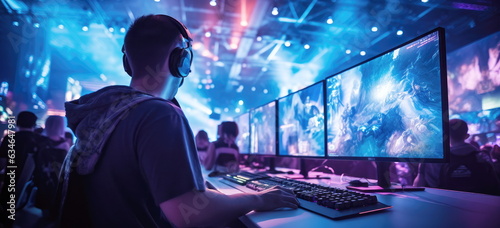 Fotografie, Obraz World region gaming expo, gaming industry event or gaming competition amusement, with many live-action players hand-edited generative AI