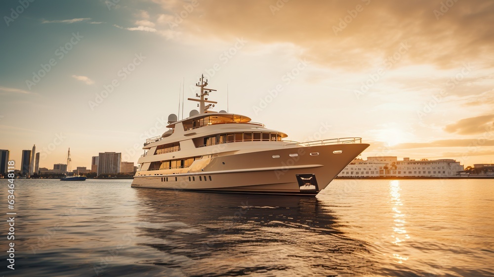 Luxury yacht at sunset made with Ai generative technology, Property is fictional Luxury yacht at sunset made with Ai generative technology, Property is fictional