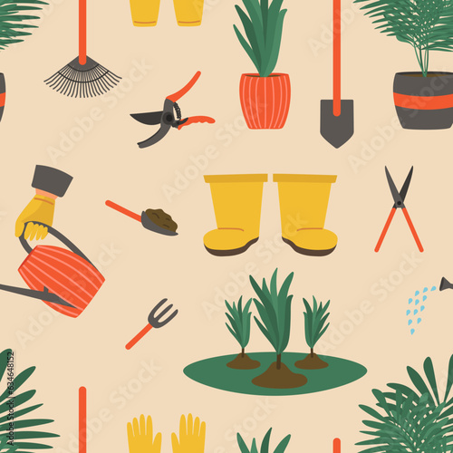 Seamless pattern of gardening tools and equipment in a cute flat hand-drawn style