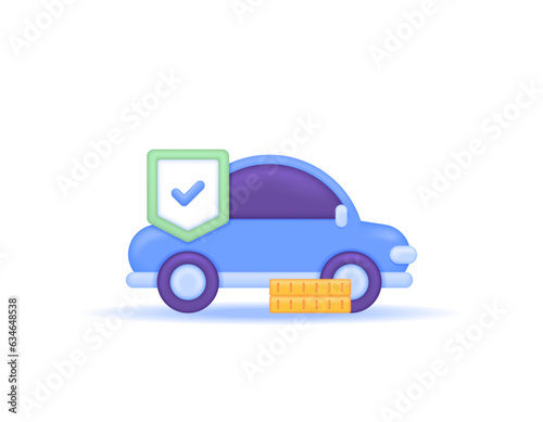 car safety and security. vehicle insurance and warranty. car with coins and shield. insurance money in the event of an accident while driving. systems and technology. minimalistic 3d illustration 