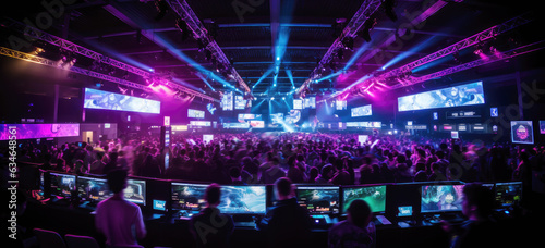 World region gaming expo, gaming industry event or gaming competition amusement, with many live-action players hand-edited generative AI. 