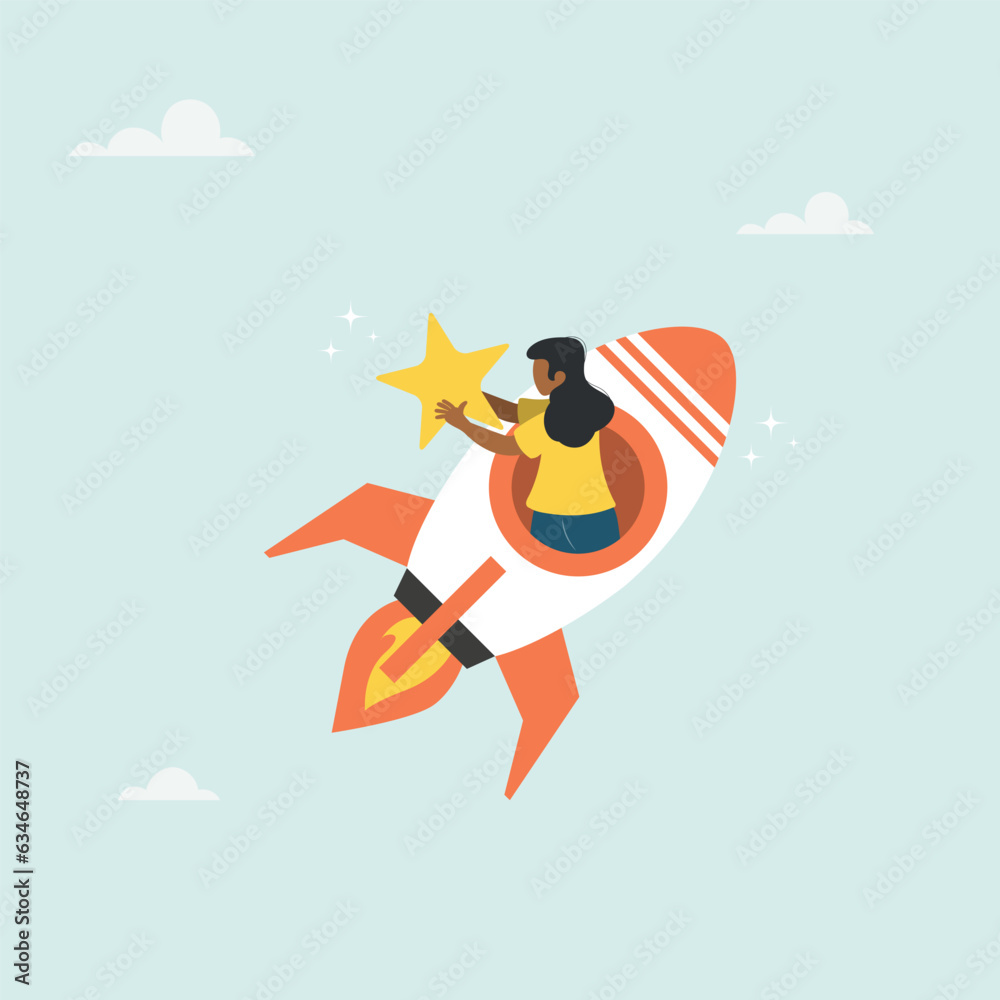 Businesswoman riding fast rocket to catch golden star. Innovation to help or support work success, entrepreneurship or winning business challenge, work opportunity or business accomplishment concept.
