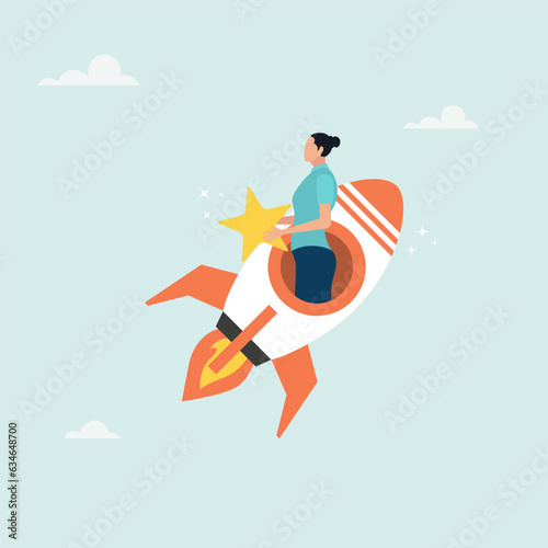 Businesswoman riding fast rocket to catch golden star. Innovation to help or support work success  entrepreneurship or winning business challenge  work opportunity or business accomplishment concept. 