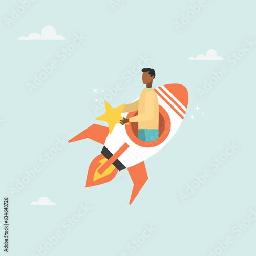 Businessman riding fast rocket to catch golden star. Innovation to help or support work success, entrepreneurship or winning business challenge, work opportunity or business accomplishment concept.  © STANISLAV