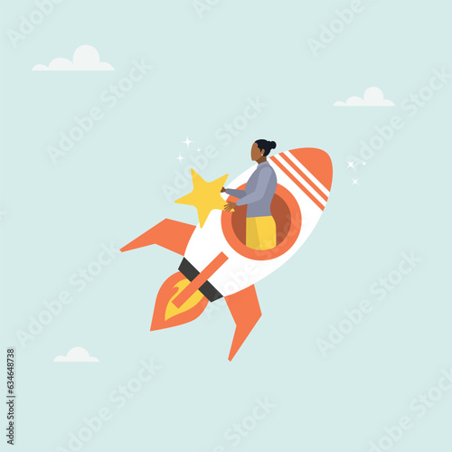 Businesswoman riding fast rocket to catch golden star. Innovation to help or support work success, entrepreneurship or winning business challenge, work opportunity or business accomplishment concept.  © STANISLAV