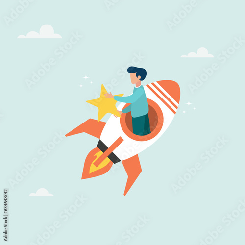 Businessman riding fast rocket to catch golden star. Innovation to help or support work success  entrepreneurship or winning business challenge  work opportunity or business accomplishment concept. 