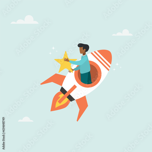 Businessman riding fast rocket to catch golden star. Innovation to help or support work success, entrepreneurship or winning business challenge, work opportunity or business accomplishment concept. 