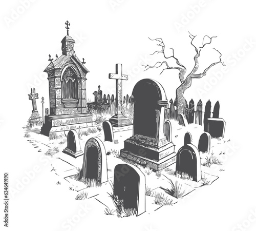 Cemetery retro sketch hand drawn sketch illustration