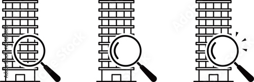 虫眼鏡とマンションの線画アイコン（モノクロ）