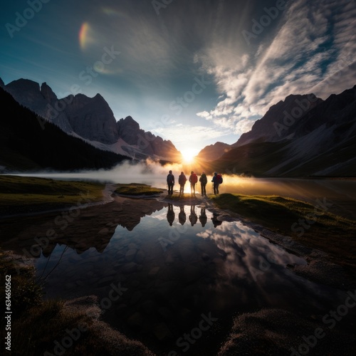 Silhouette of a group of hikers standing next to a mountain lake near the mountains at sunrise