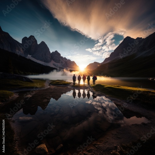 Silhouette of a group of hikers standing next to a mountain lake near the mountains at sunrise