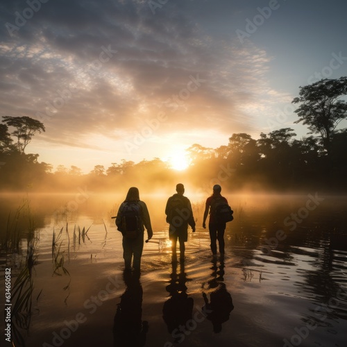 Silhouette of a group of adventurers standing in the shallow water near the jungle at sunrise