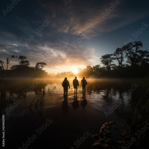 Silhouette of a group of adventurers standing in the shallow water near the jungle at sunrise