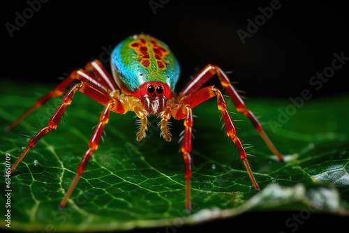 Beautiful spider on green leaf, close up detailed focus stacked photo. Macro shot.