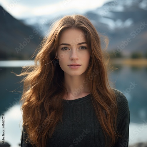 beautiful young woman standing in front of mountain lake