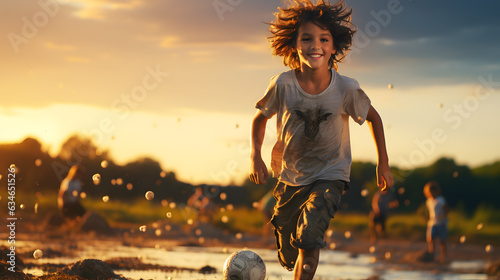 Young children playing soccer on grass field. Kids soccer football concept. © cocorattanakorn