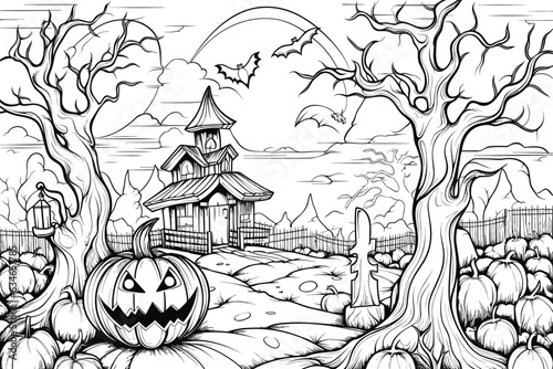 Scary Pumpkin Halloween Scene - Black and White Coloring Page Illustration