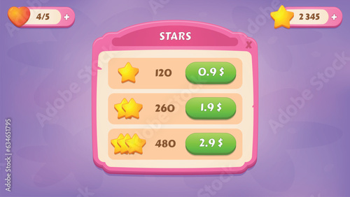 Buying stars. GUI Kit casual assets for a game mobile, a set of user interface elements and pop-ups for the game interface.