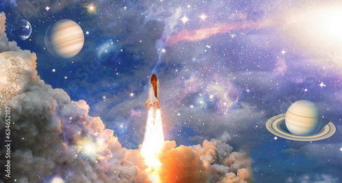 Fototapeta Naklejka Na Ścianę i Meble -  rockets launch into space on the starry sky. spacecraft flies into space with clouds of smoke. Elements of this image furnished by NASA