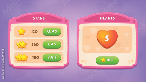 Shop. GUI Kit casual assets for a game mobile, a set of user interface elements and pop-ups for the game interface.