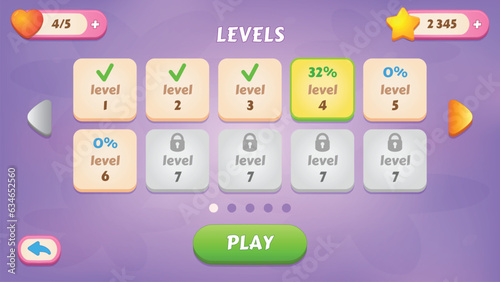 Levels. GUI Kit casual assets for a game mobile, a set of user interface elements for the game interface.