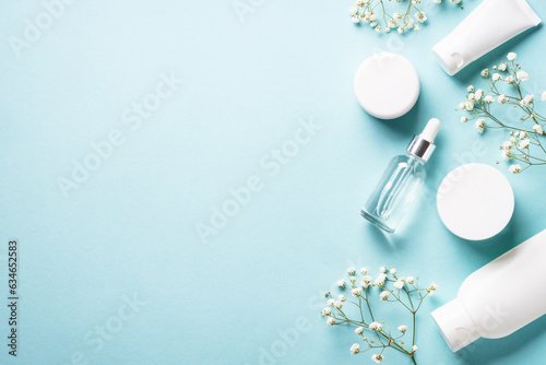 Natural cosmetic products at blue background. Cream, serum, tonic with green leaves and flowers. Flat lay image with copy space.