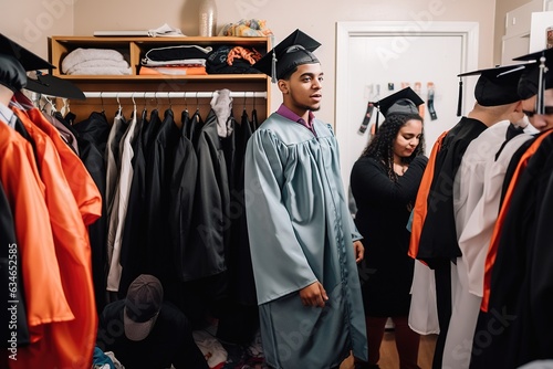 Diverse university or collage graduate students in changing room preparing for ceremony. 