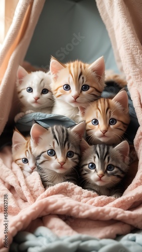 A group of adorable kittens cuddled up together in a cozy blanket fort.