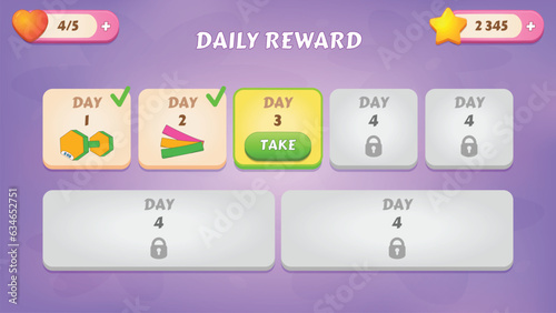 Daily rewards. GUI Kit casual assets for a game mobile, a set of user interface elements and pop-ups for the game interface.
