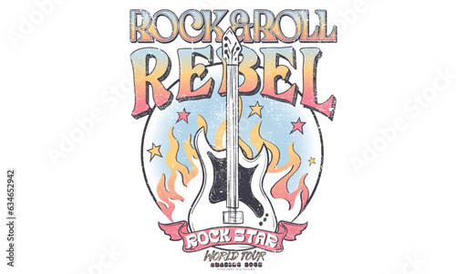 Rock and roll vintage print design. Guitar vector artwork for apparel, stickers, posters, background and others. 