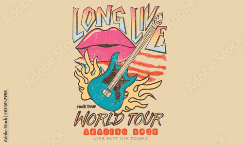 Long live music poster. Rock and roll vintage print design. Guitar with eagle wing vector artwork for apparel, stickers, posters, background and others. Lips music logo.