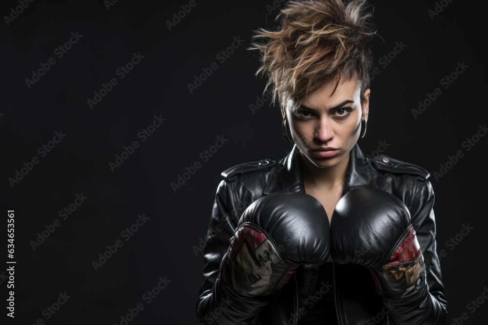 Young woman wearing punk clothes, tattoos, with boxing gloves. Cheeky crazy expression, she's ready for a fight. Generative AI