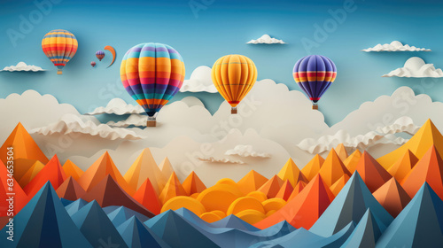Paper Art of colorful natural landscape view with hot balloon in the air