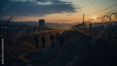 Laufende Gruppe von flüchtenden Menschen an einer unüberwindbaren Grenzanlage mit Stacheldraht in Abendstimmung - AI generated photo